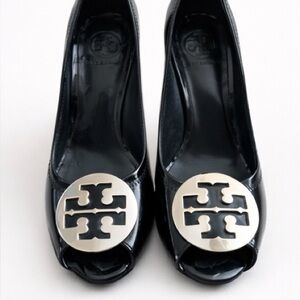 Tory Burch Black Patent Leather Julienne Wedge Peep Toe Heels